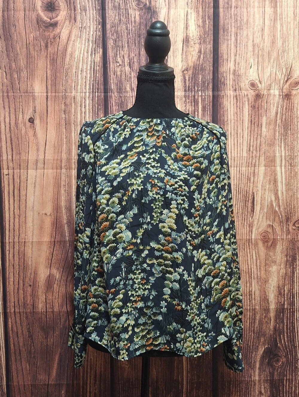 Zara Dark Blue Floral Long-Sleeve Blouse Womens Size Small